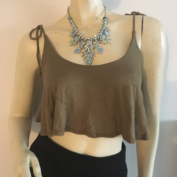 Olive green ribbed cropped camisole tank top. Self tie - Picture 3 of 7